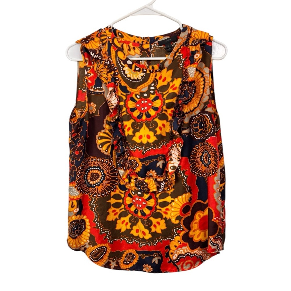 J Crew Size 10 Darwin Ratti Sleeveless Silk Top Retro 70s Groovy Print Ruffle
